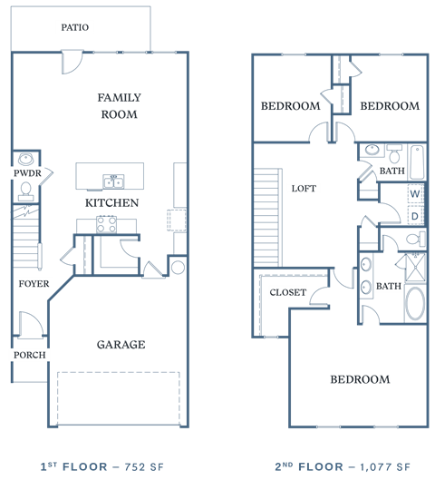 Floor plan for 3 beds, 2.5 baths, 1829 sqft